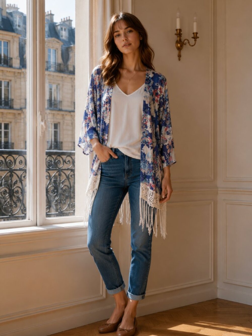 🦋 RACHAEL & CHLOE Blue Floral Kimono Fringe Medium Casual Boho Indie Cottage